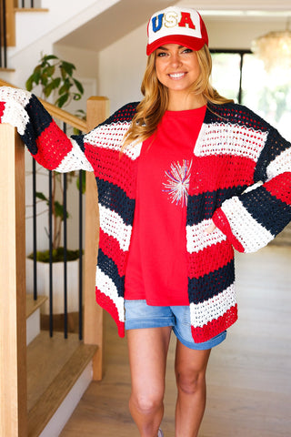 Simply Patriotic Red White & Blue Striped Crochet Cardigan - Online Only!