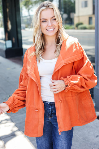 Rust Cinched Waist Zip Up Fleece Jacket - Online Only!