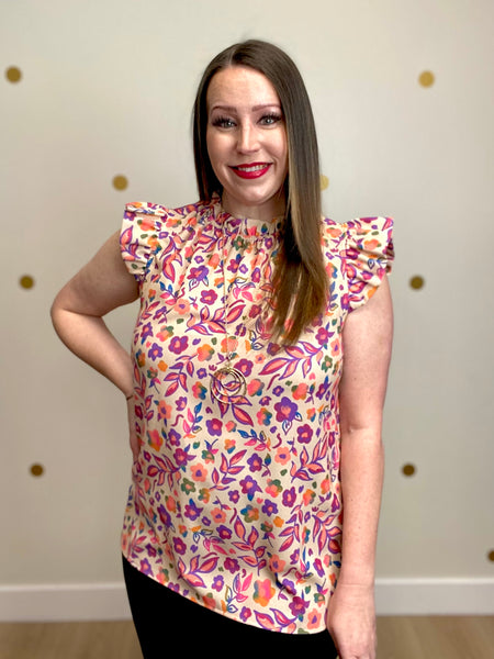 FINAL SALE Multicolor Floral Flutter Sleeve Top