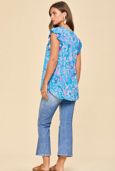 Blue & Pink Print Flutter Sleeve Top