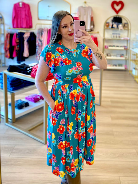FINAL SALE Teal Floral Midi Dress