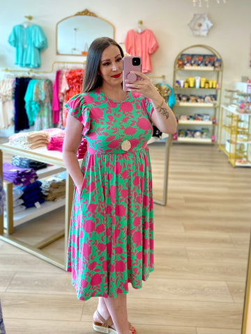 FINAL SALE Green & Pink Floral Pocket Dress