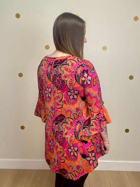 FINAL SALE Fuchsia & Orange Paisley Floral Bell Sleeve Top