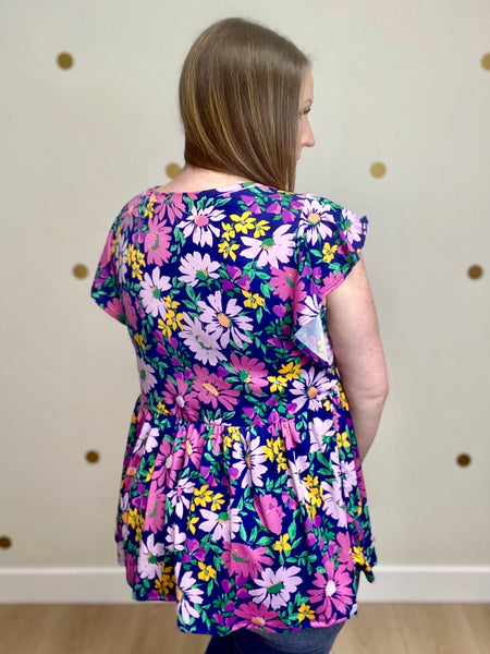 FINAL SALE Navy Multi Floral Peplum Top
