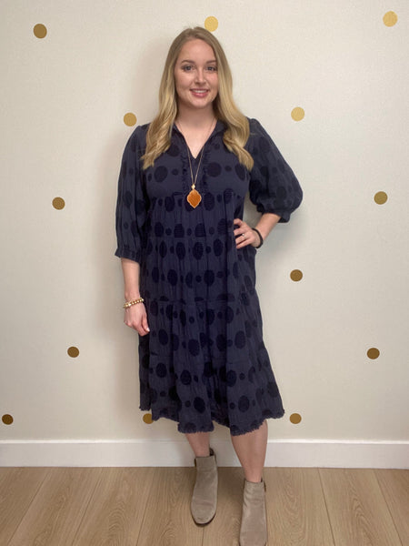 Umgee Navy Dot Frayed Midi Dress