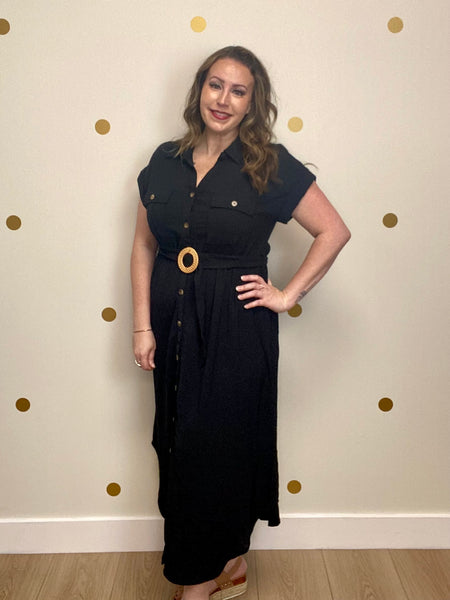 Black Collared Button Down Belted Midi Dress