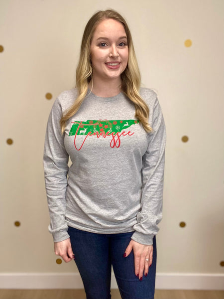 FINAL SALE Gray Tennessee State Tristar Christmas Long Sleeve Tee