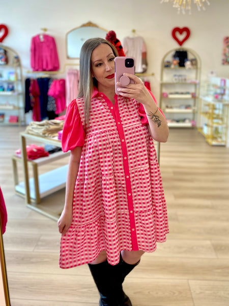FINAL SALE Pink Gingham Button Up Dress