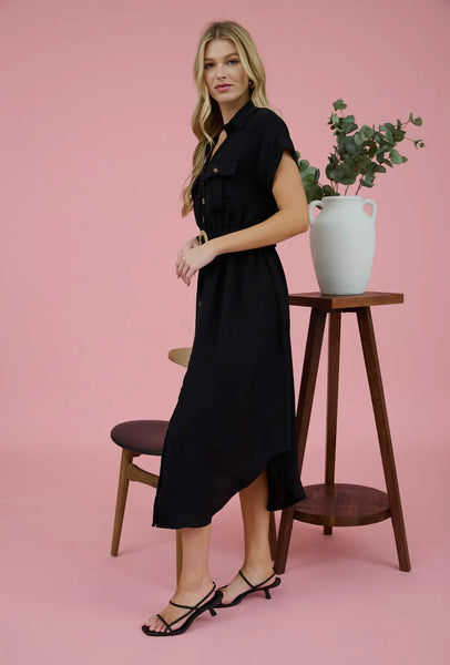 Black Collared Button Down Belted Midi Dress