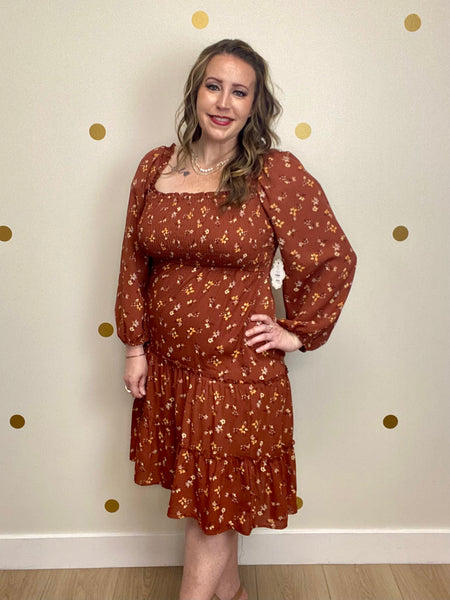 Rust Floral Smocked Tiered Dress