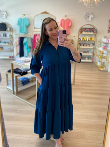 Teal Button Tiered Maxi Dress