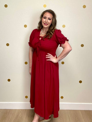 Wine Smocked Tie Puff Sleeve Midi Dress