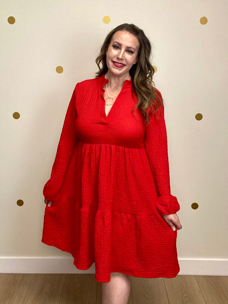 Red Crinkled Tiered Dress