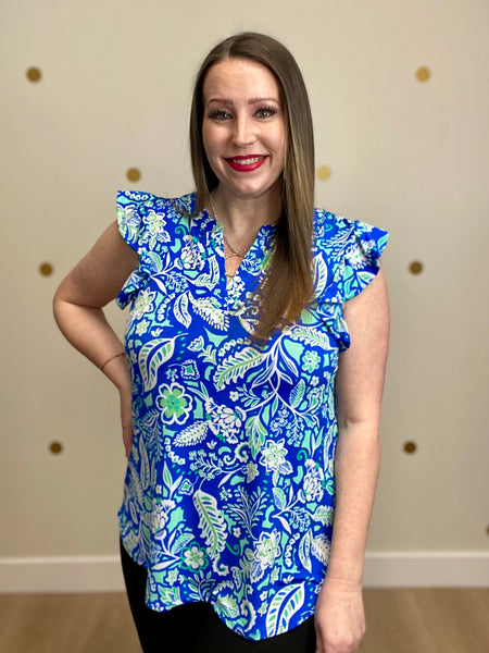 Royal Blue Floral Flutter Sleeve Top