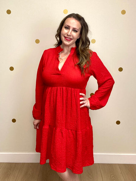 Red Crinkled Tiered Dress