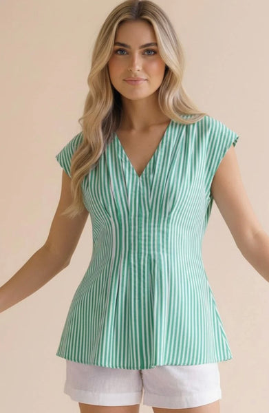 Green Pleated Striped Smocked Back Peplum Top