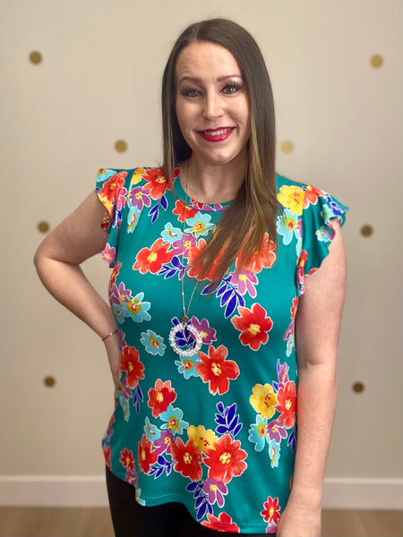 FINAL SALE Teal Multi Floral Print Top