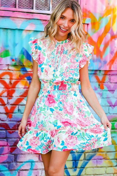 Floral Smocked Flutter Sleeve Ruffle Mini Dress - Online Only!