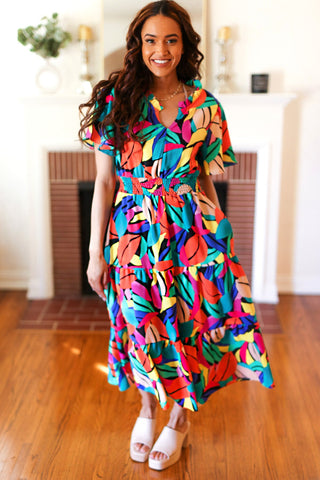 Be Bold Multicolor Abstract Tropical Print Smocked Waist Maxi Dress - Online Only!