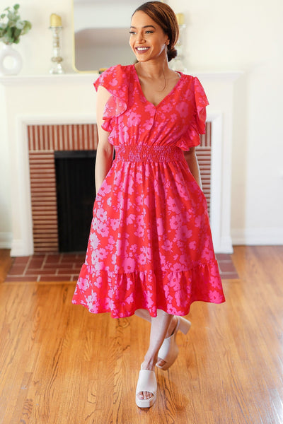 Remember Me Red & Pink Floral Print Smocked Waist Midi Dress - Online Only!