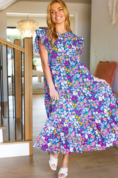 Just A Dream Navy Floral Smocked Ruffle Sleeve Maxi Dress - Online Only!