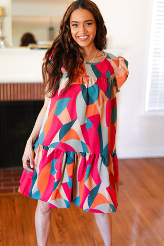 Stand Out Magenta & Teal Geometric Yoke Woven Dress - Online Only!