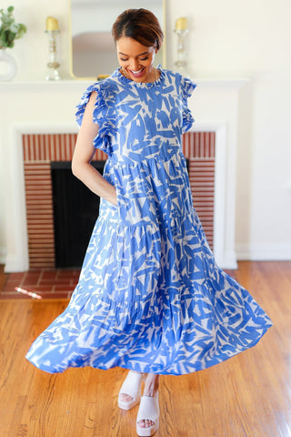 Sky Blue Abstract Print Tiered Smocked Ruffle Sleeve Maxi Dress - Online Only!