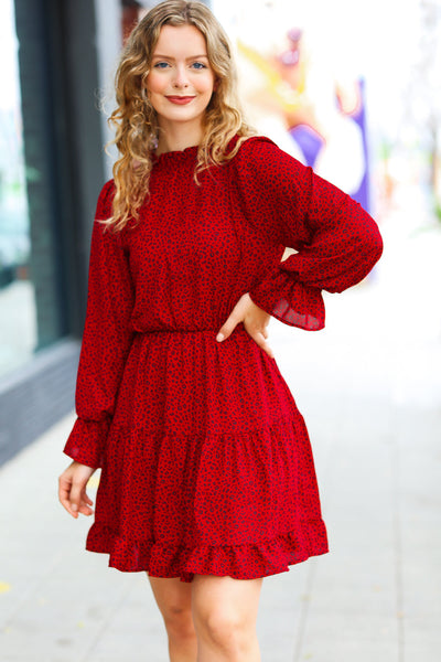 Simply Merry Burnt Red Animal Print Mock Neck Tiered Dress - Online Only!