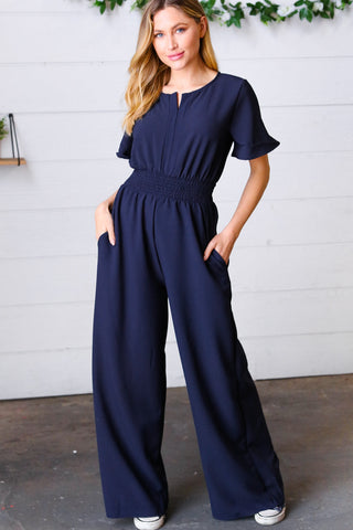 Dark Blue Smocked Waist Notch Neck Crepe Jumpsuit - Online Only!