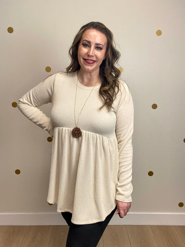 Cream Ribbed Peplum Top