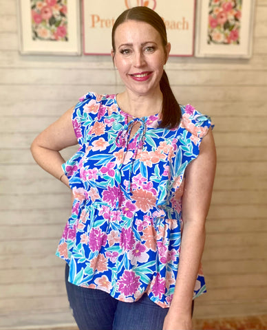 FINAL SALE Beautiful Blue Multi Floral Print Ruffle Sleeve Top
