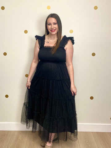FINAL SALE Black Polka Dot Chiffon Smocked Tiered Dress
