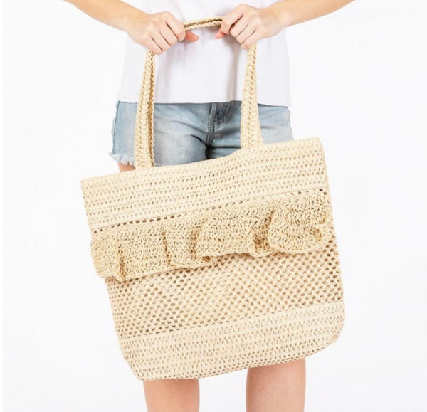 Beige Ruffle Straw Tote Bag