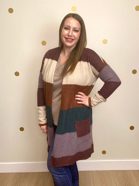 Multicolor Color Block Pocket Cardigan