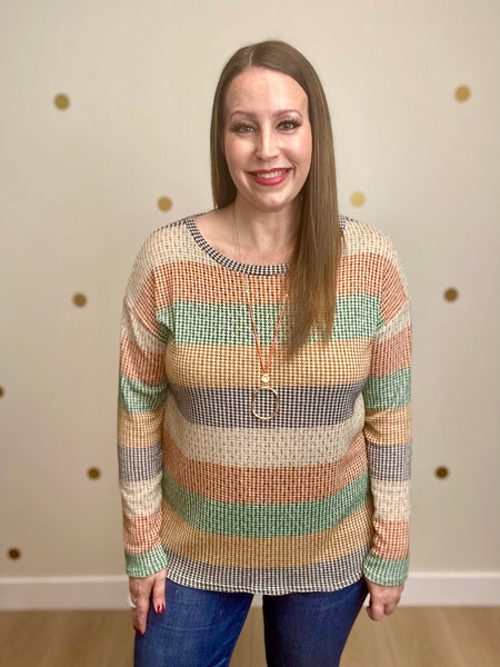 Rust, Hunter Green, & Taupe Multi Striped Top