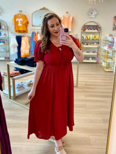 Wine Smocked Tie Puff Sleeve Midi Dress