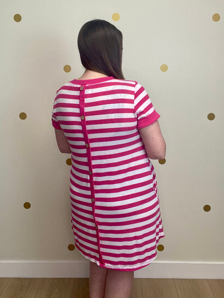 FINAL SALE Fuchsia Striped Button Pocket Dress