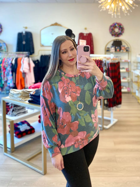 Hunter Green Floral Brushed Hacci Top