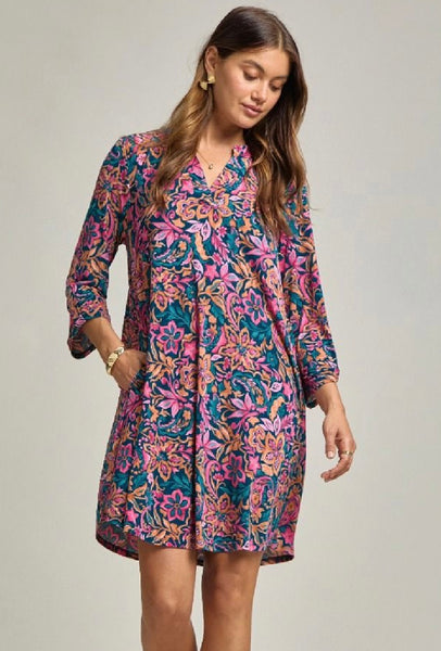 Teal Floral Print Pocket Dress