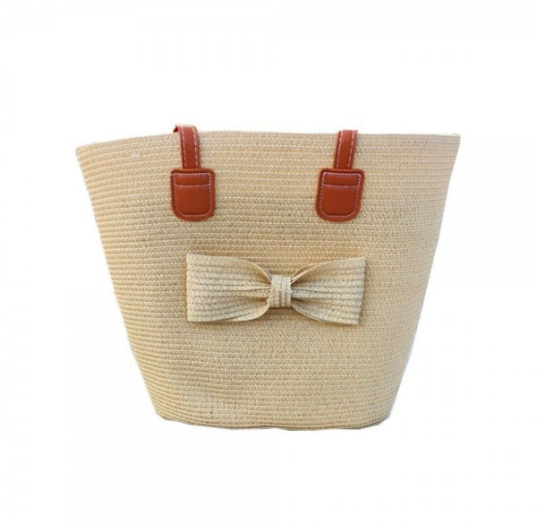 Cream Straw Bow Tote Bag