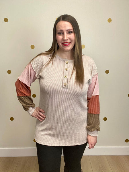 Oatmeal Button Color Block Sleeve Top