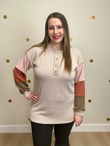 Oatmeal Button Color Block Sleeve Top