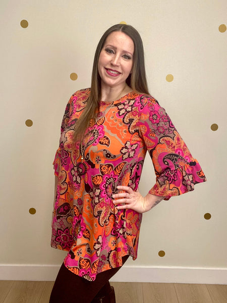 FINAL SALE Fuchsia & Orange Paisley Floral Bell Sleeve Top