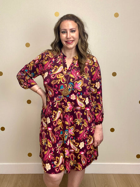 Wine Multi Paisley Pocket Dress