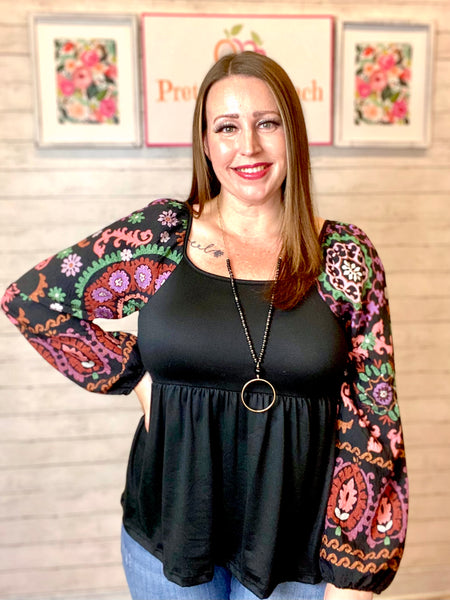 FINAL SALE Black Embroidered Sleeve Top