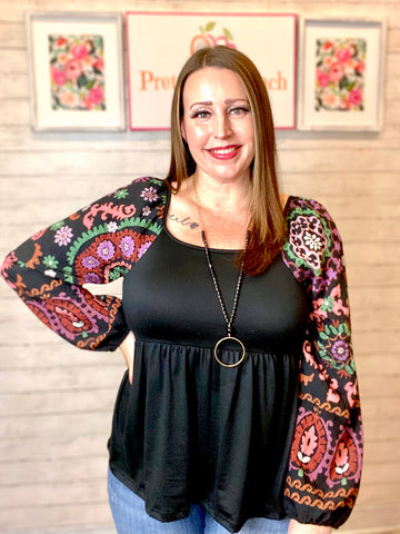 FINAL SALE Black Embroidered Sleeve Top