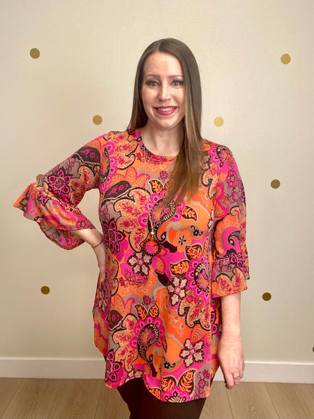 FINAL SALE Fuchsia & Orange Paisley Floral Bell Sleeve Top