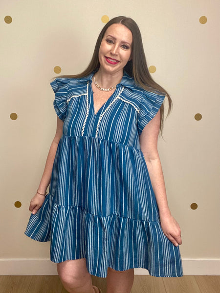 FINAL SALE Umgee Blue Striped Lace Trim Dress