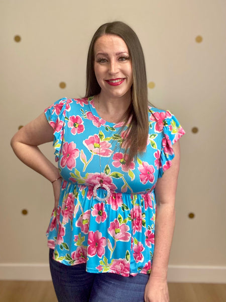 FINAL SALE Aqua Floral Peplum Top