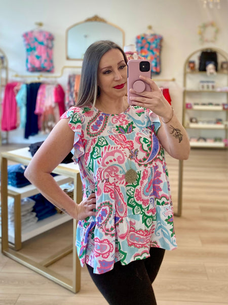 FINAL SALE Ivory & Fuchsia Paisley Tiered Top